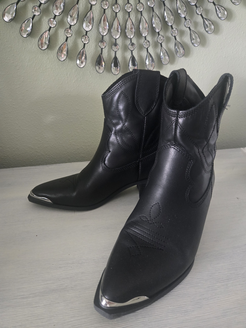Aldo Black Western-Inspired Leather Ankle Booties with Silver Toe Caps